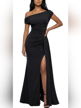Black One Shoulder Ruched High Slit Formal Maxi Dress NWT – Size Large 10/12
